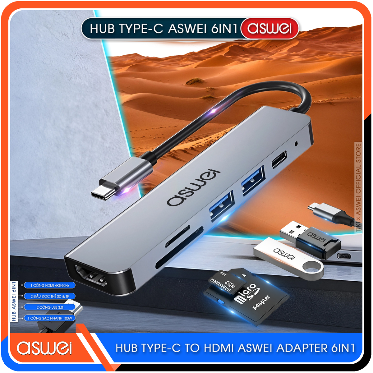 Hub Type C ASWEI 6 in 1 To HDMI, USB 3.0, SD, TF, PD 100W - Hàng Chính Hãng