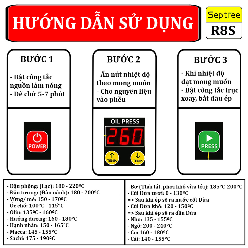 Máy ép dầu ăn thực vật thế hệ thứ 4 hoàn toàn mới thương hiệu Mỹ cao cấp Septree R8S - Hàng nhập khẩu