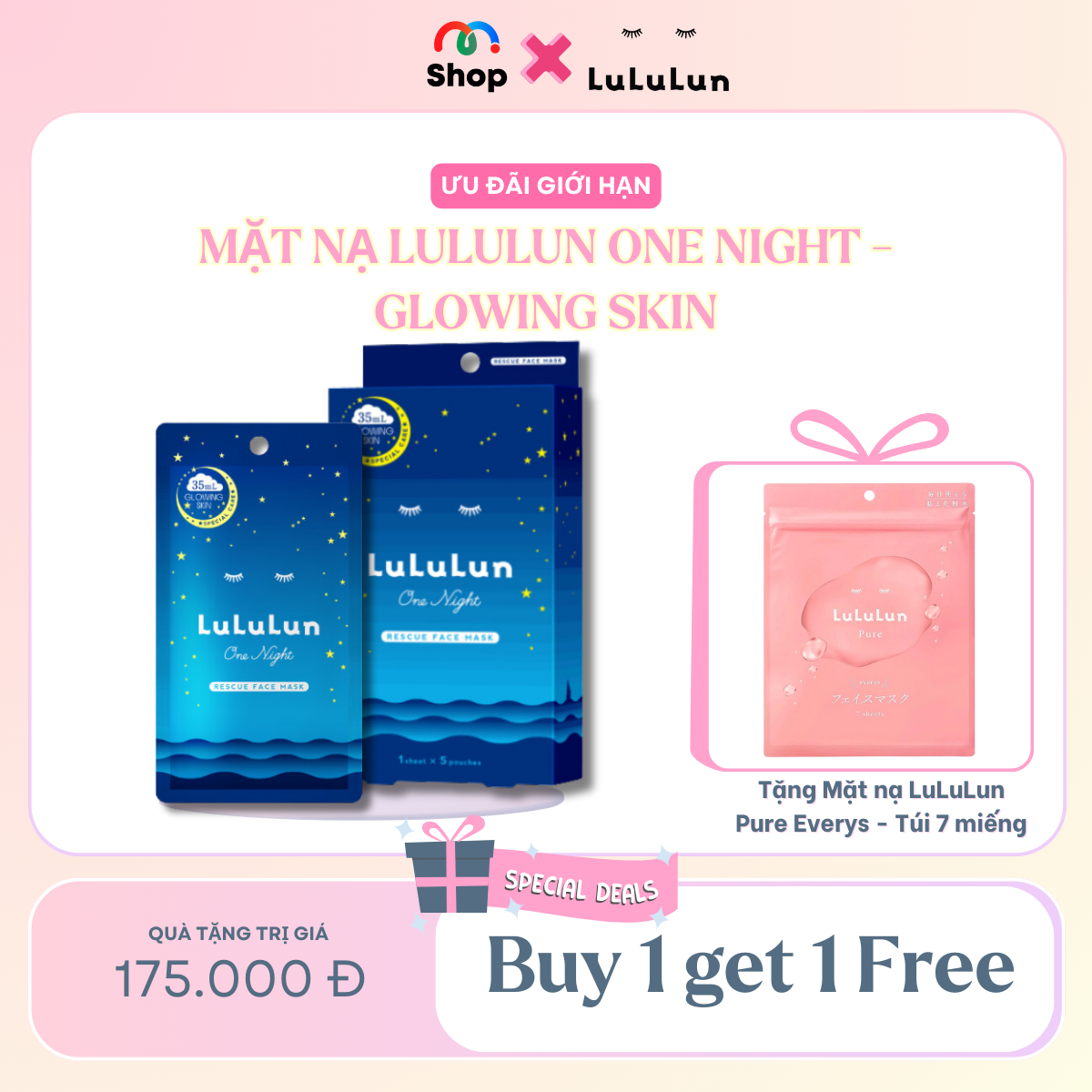 [MUA 1 TẶNG 1] LULULUN - Mặt nạ cấp ẩm chuyên sâu ban đêm LULULUN One Night Glowing Skin Face Mask - Hộp 5 miếng
