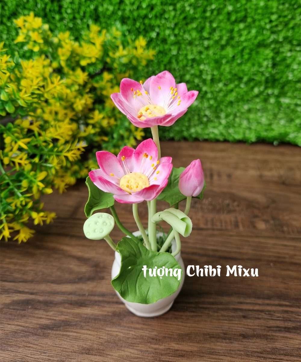 Tượng Phật Tổ - Quan Âm 6cm kèm chậu hoa sen bằng đất sét Nhật