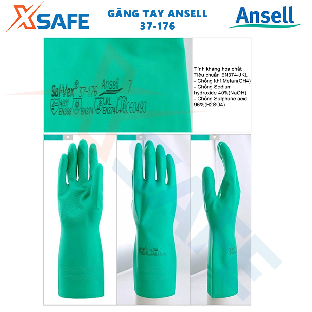 Găng tay chống hóa chất Ansell 37-176 cấu tạo nitrile - chống hóa chất - axit - dầu nhớt - thấm hút mồ hôi tốt