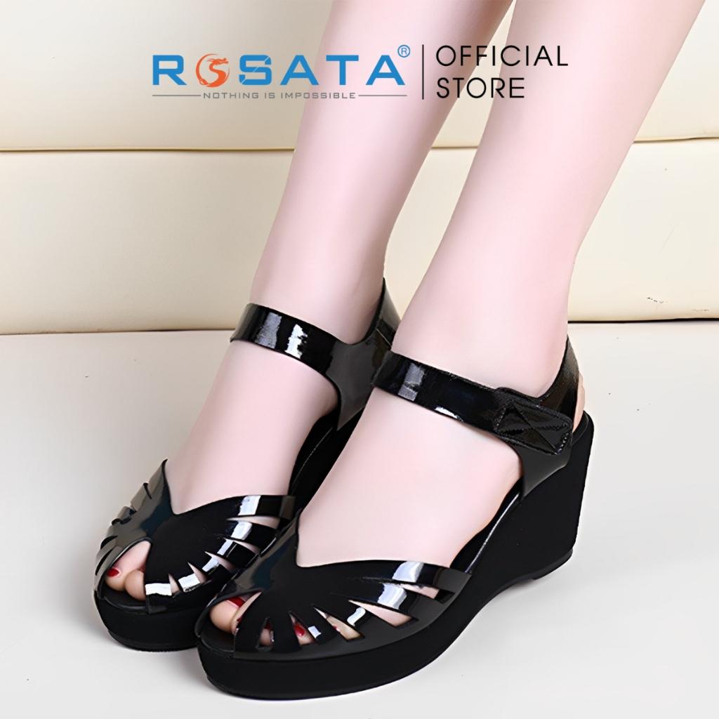 Giày sandal cao gót nữ ROSATA RO570 đế xuồng xỏ ngón mũi tròn quai dán hậu mảnh gót cao 6cm xuất xứ Việt Nam - Đen