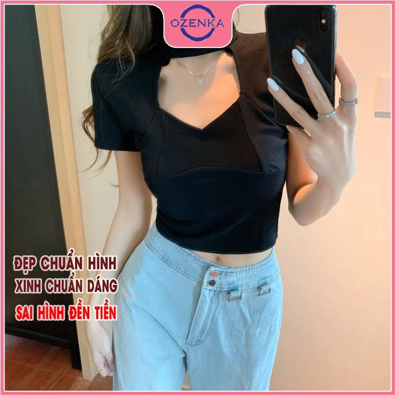 Áo croptop kiểu Hàn Quốc tay ngắn ôm nữ, áo thun crt ngắn mặc đi học đi chơi chất thun gân cotton 100% đen trắng