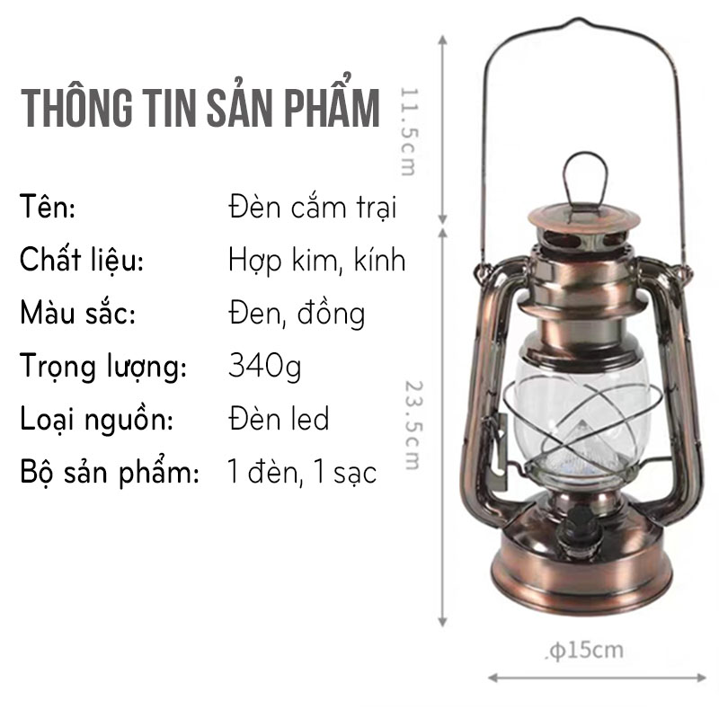 Đèn Bão Đèn Măng Xông Tích Điện Cắm Trại Dã Ngoại Tiện Lợi Ánh Sáng Ngọn Lửa Size 24.5cm