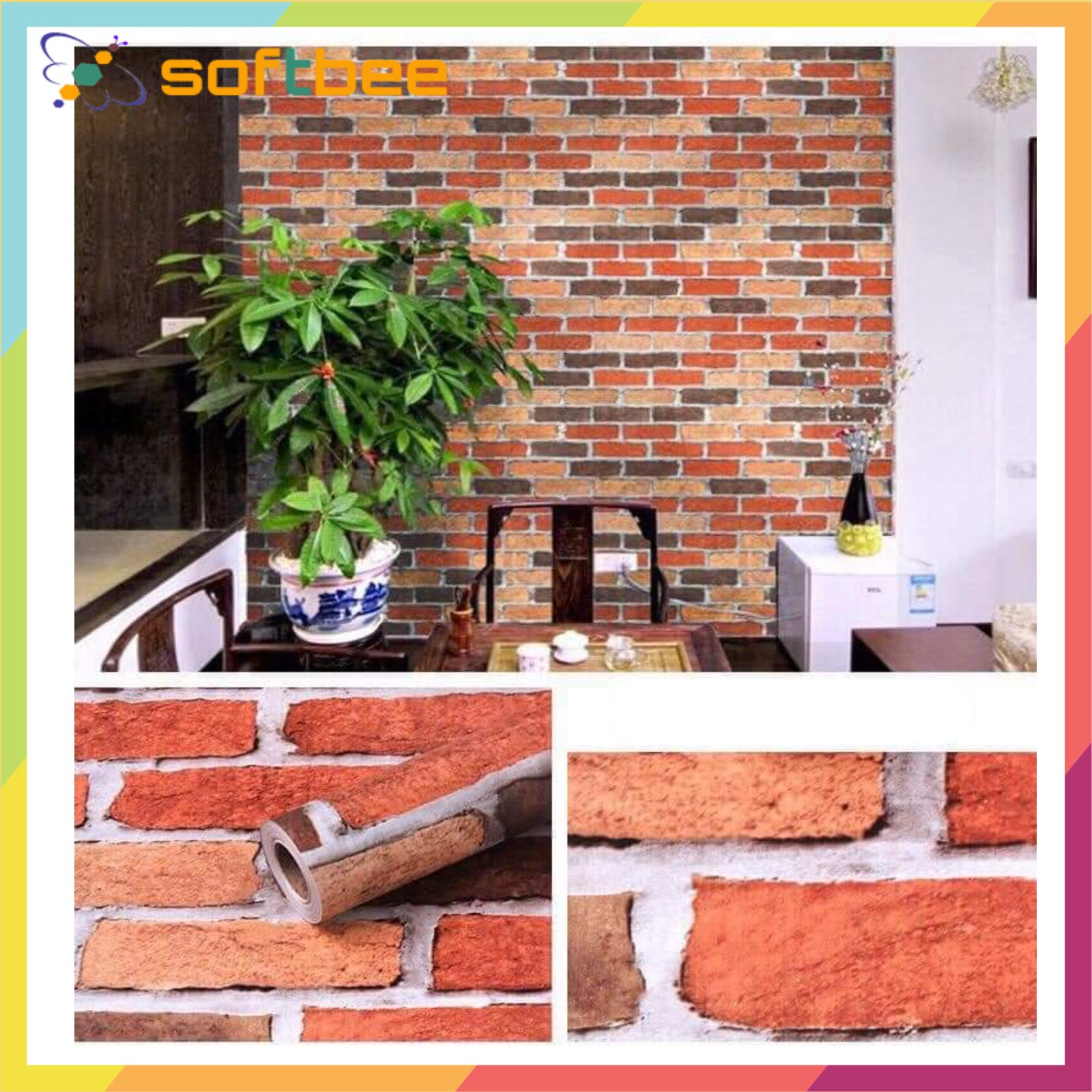 Giấy dán tường có keo sẵn chất liệu decal, in hình gạch thẻ màu đỏ, kích thước 0.45m x 10m / cuộn