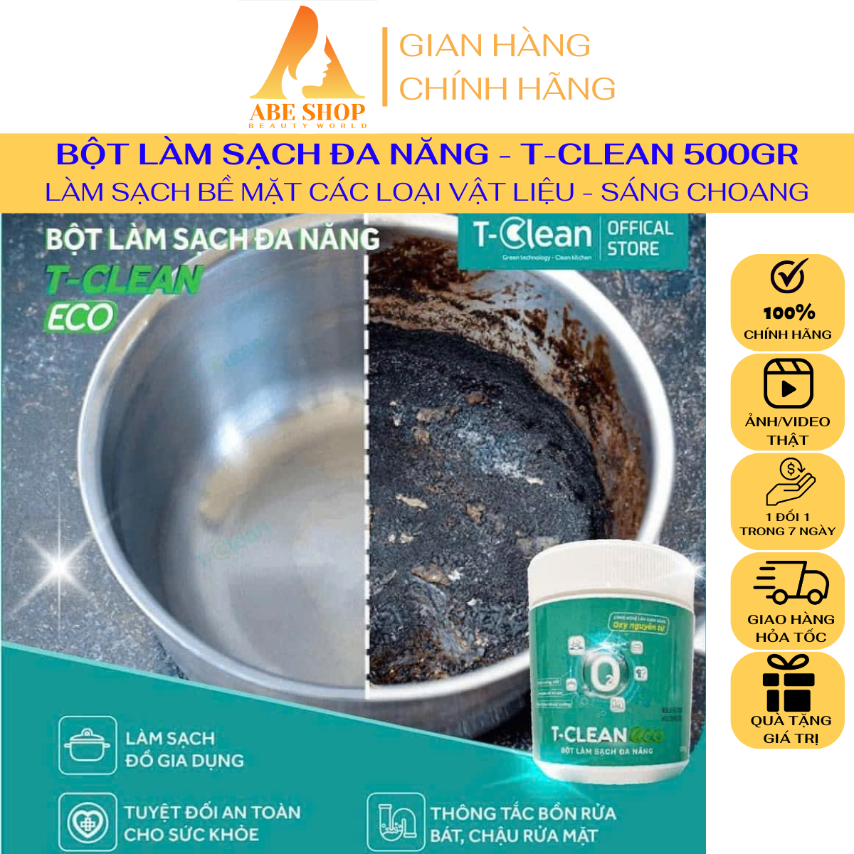 Bột Làm Sạch Đa Năng T-Clean 500gr - Tẩy Ố Vàng - Bẩn Trên Nhiều Bề Mặt - Đá - Gỗ - Quần Áo