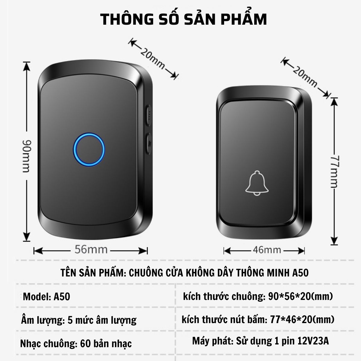 Chuông Cửa Không Dây Thông Minh CTFAST A50 (1 Nút Bấm, 1 Chuông ), Chống Nước, Khoảng Cách Sử Dụng Hiệu Quả 300 mét - Hàng Chính Hãng