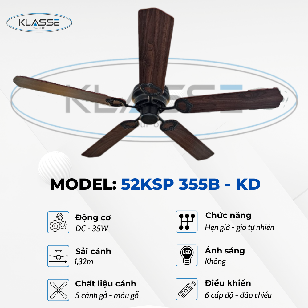 Quạt trần không đèn Klasse 52KSP 355B – KD Hàng chính hãng