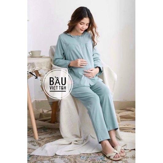 Đồ bộ bầu và sau sinh thu đông mặc nhà chất cotton đẹp 2020 bộ bầu dài tay