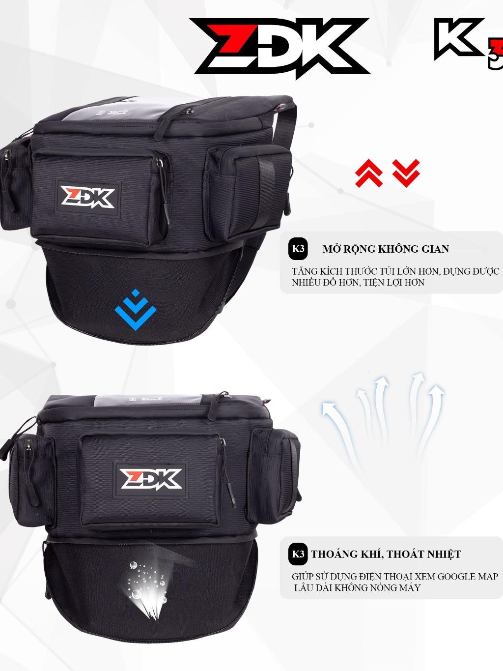 Túi treo xe máy chính hãng ZDK K3, nhiều ngăn, túi treo đầu xe, túi treo ghi đông xe máy chứa đồ dùng, cảm ứng điện thoại tốt - Hàng chính hãng