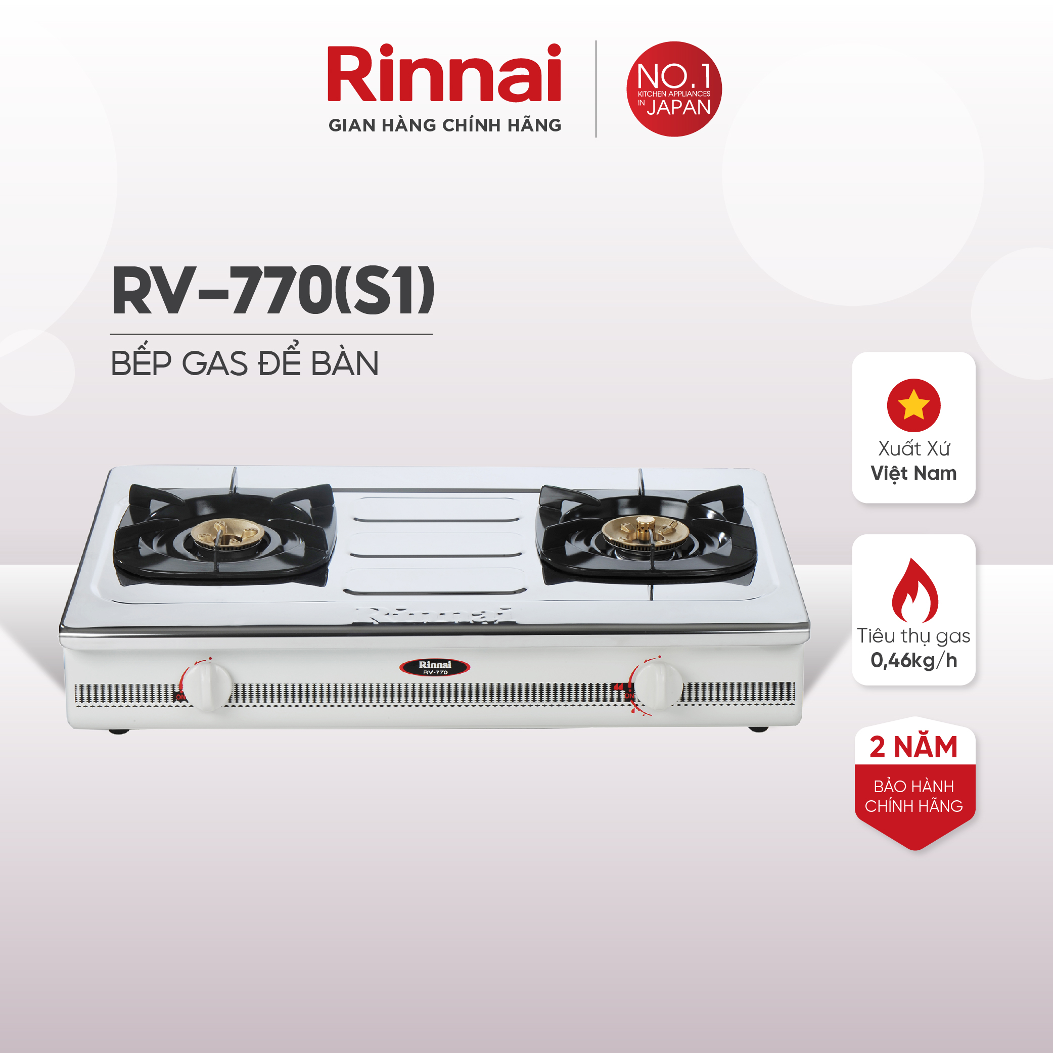 Bếp gas dương Rinnai RV-770(S1) mặt bếp inox và kiềng bếp men - Hàng chính hãng.