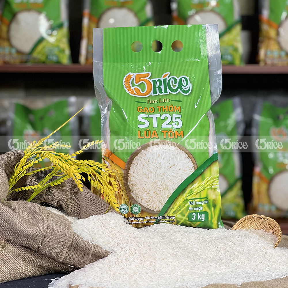 Gạo Lúa Tôm ST25 5RICE - Túi 3kg - Gạo thượng hạng thơm dẻo, đậm vị 5RICE