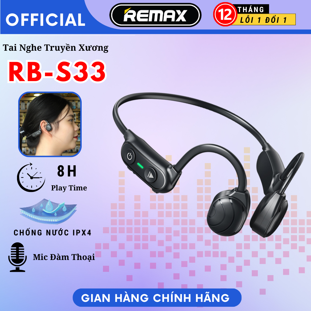 Tai nghe Bluetooth Truyền Xương thể thao Remax RB-S33 Dẫn truyền âm thanh qua xương, không gây đau tai - Remax Hàng Chính Hãng