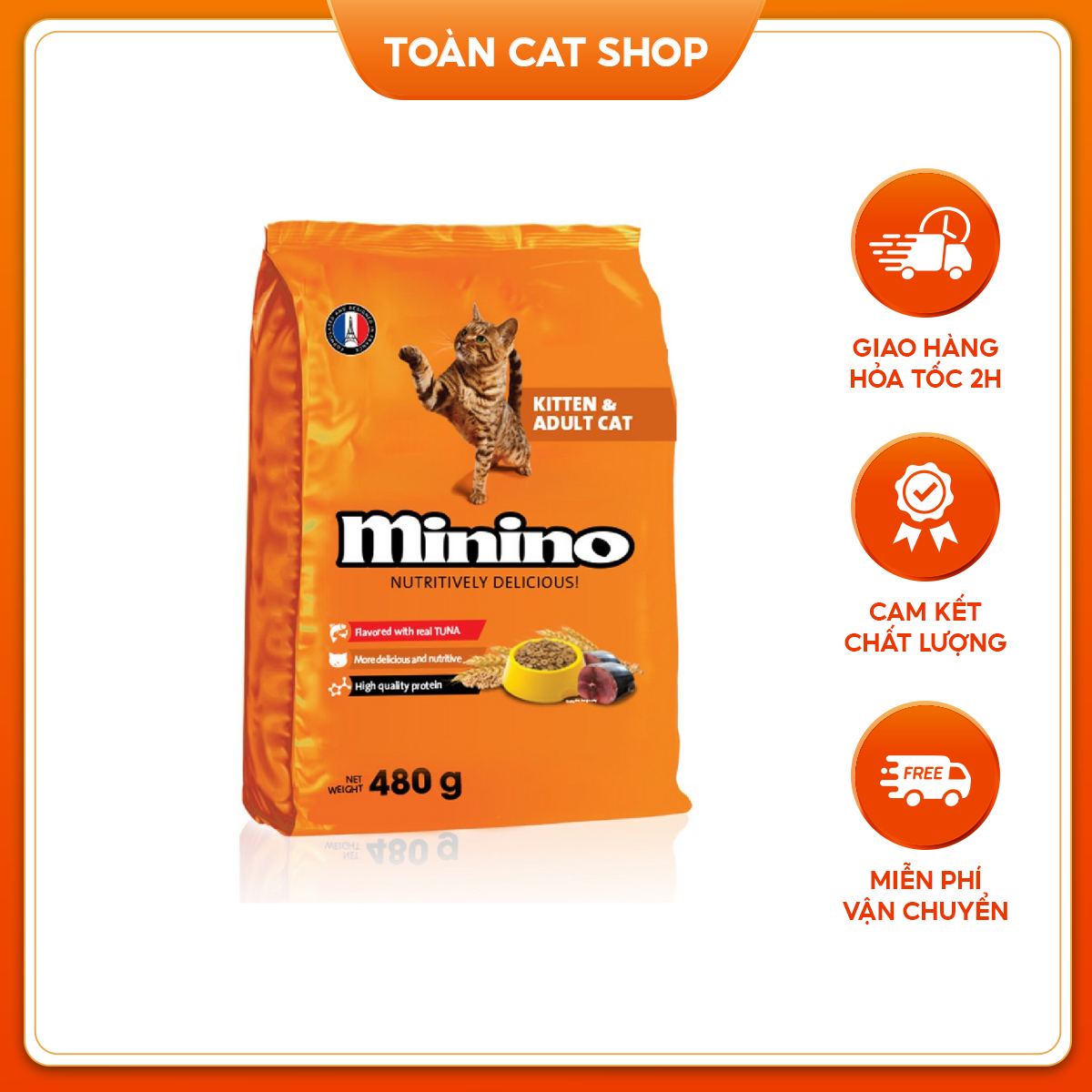 Thức Ăn Hạt Khô Cho Mèo Minino Tuna, Thức Ăn Cho Mèo Mọi Lứa Tuổi Gói 480g
