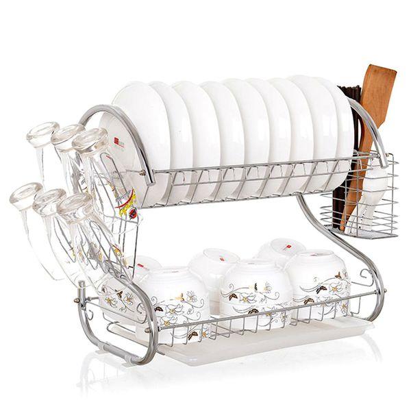 Kệ Để Chén Đĩa 2 Tầng Bằng Inox - Giá Úp Bát Đĩa Có Ống Cắm Đũa Tiện Dụng