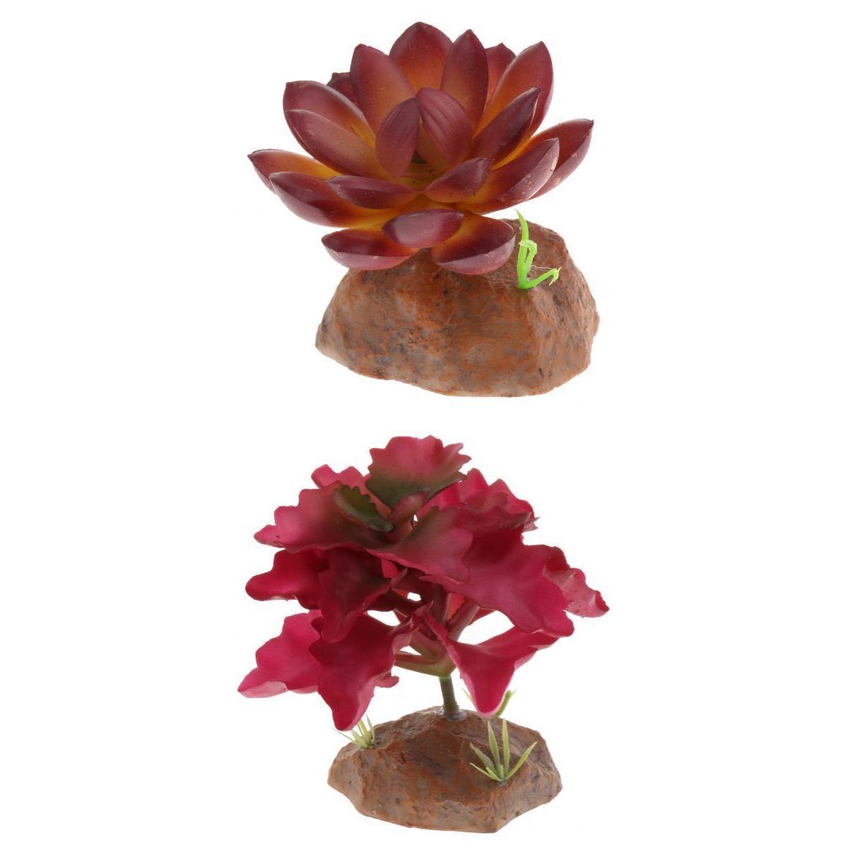 2x Reptile Terrarium Vivarium Ornament Desert Plant with Rock Base Decor