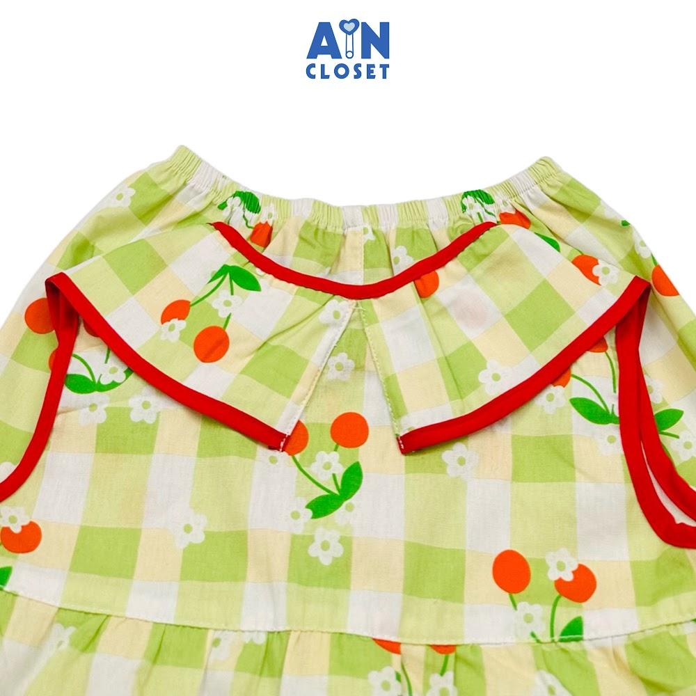 Bộ quần áo Ngắn bé gái họa tiết Caro Cherry Xanh Cotton - AICDBGJW3X8C - AIN Closet