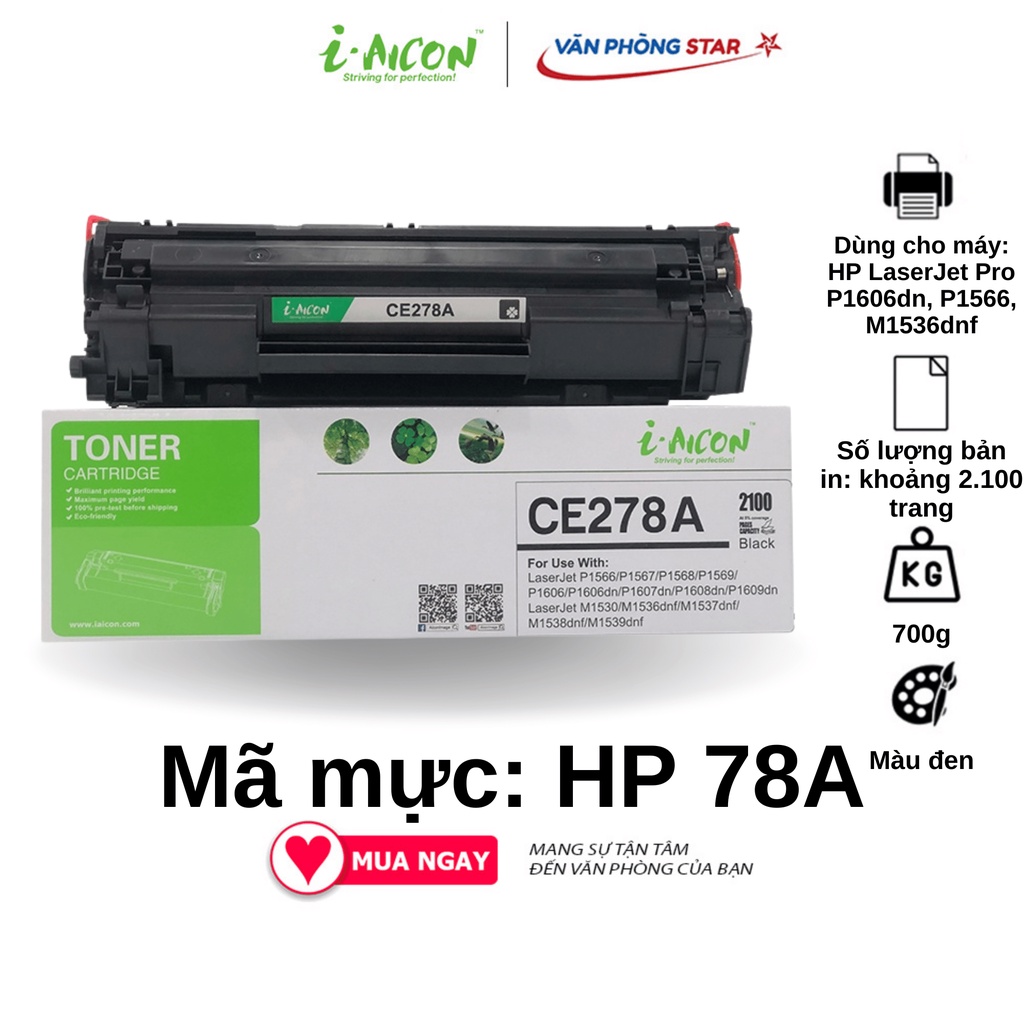 [hàng chính hãng] Hộp mực 78a thương hiệu I.aicon mã hộp mực HP CE278A dành cho máy HP LaserJet Pro P1606dn, P1566, M1536dnf