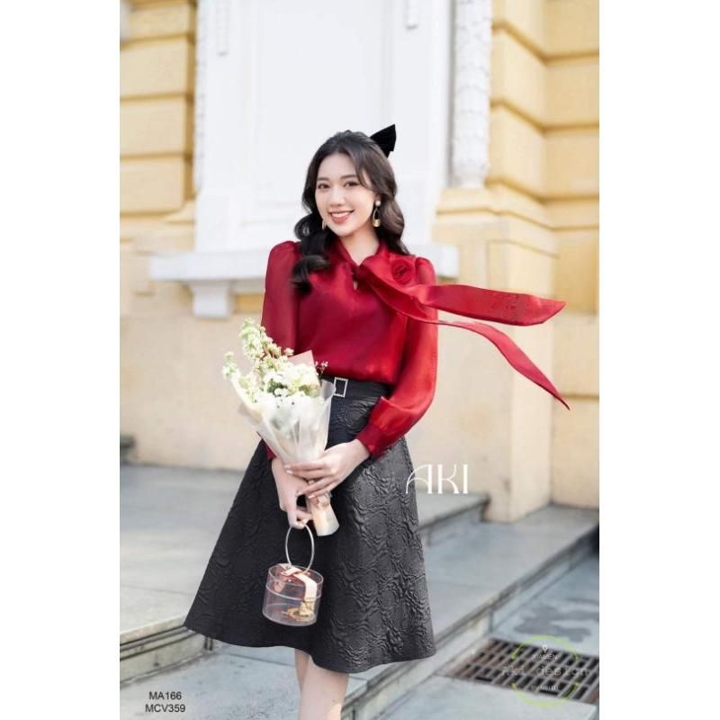 Áo sơmi nữ cổ nơ đính hoa chất tơ nhật 2 lớp _sơmi nữ công sở