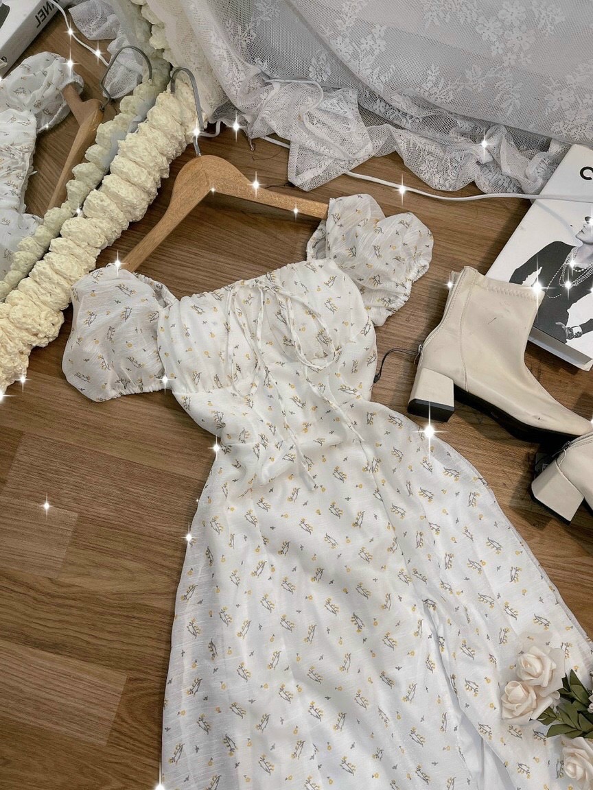 Đầm maxi hoa nhí cổ vuông nơ ngực