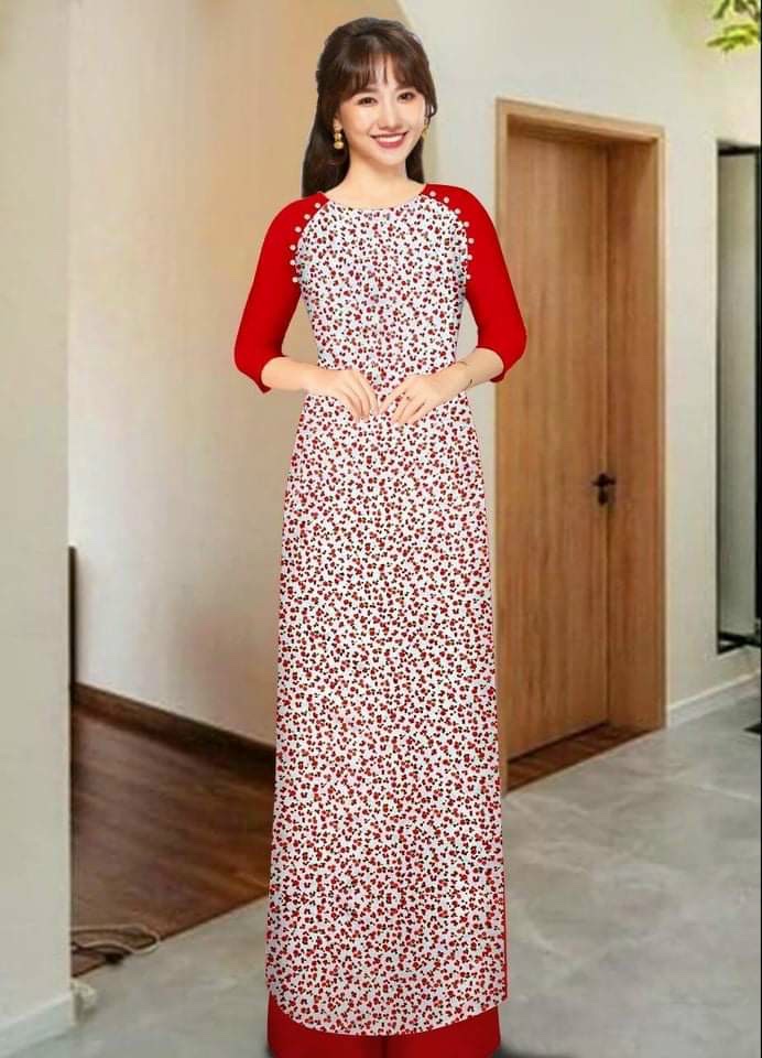 Áo dài nữ họa tiết hoa trắng đỏ