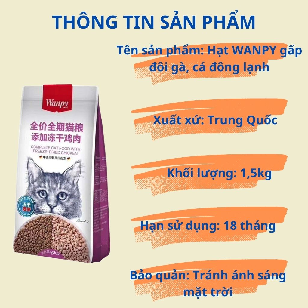 THỨC ĂN HẠT WANPY CAO CẤP GẤP ĐÔI CÁ/GÀ ĐÔNG LẠNH DÀNH CHO MÈO - Gói 1,5kg