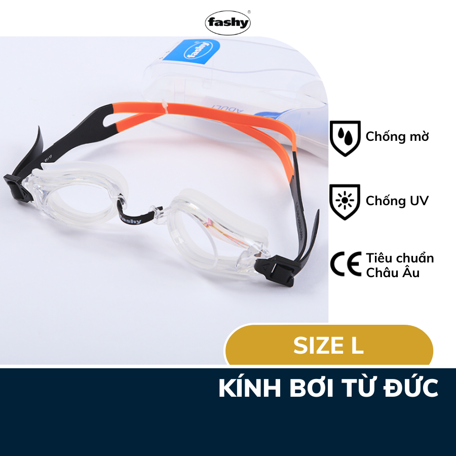 Kính bơi người lớn nhập khẩu từ Đức thương hiệu Fashy dòng “Pioneer” tiêu chuẩn chất lượng Châu Âu chống mờ, chống tia UV, kiểu dáng thời trang size L dành cho Nam, Nữ, trẻ em từ 12 tuổi trở lên