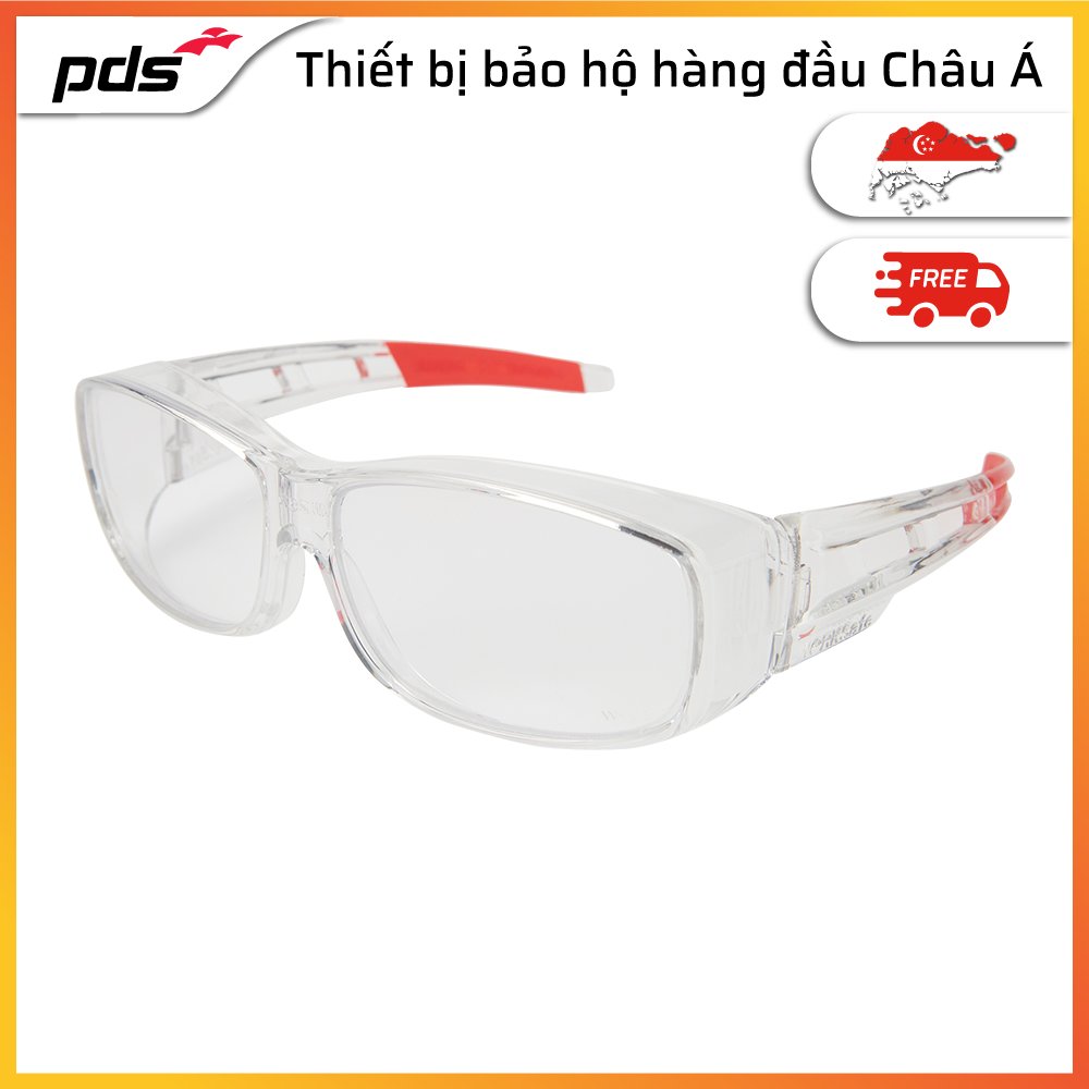 Kính bảo hộ chống mờ sương, với điểm nhấn ở phần đuôi kính màu đỏ WORKSafe AIRSPEX, gọng màu đen nhám, tròng kính trong suốt, phủ HC