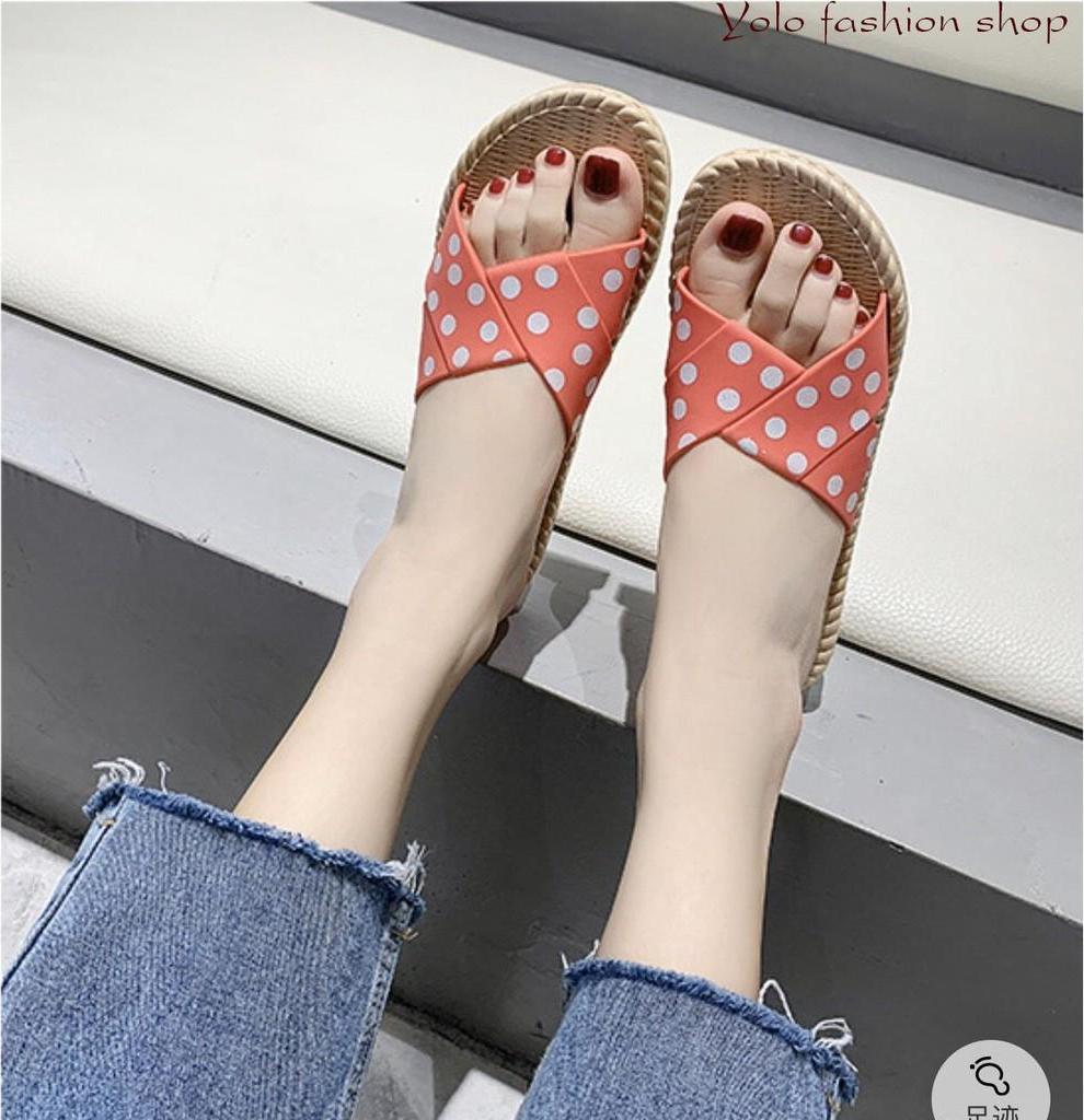 CS3_Dép nữ thời trang quai chéo chấm bi đế giả cói siêu mềm êm chân