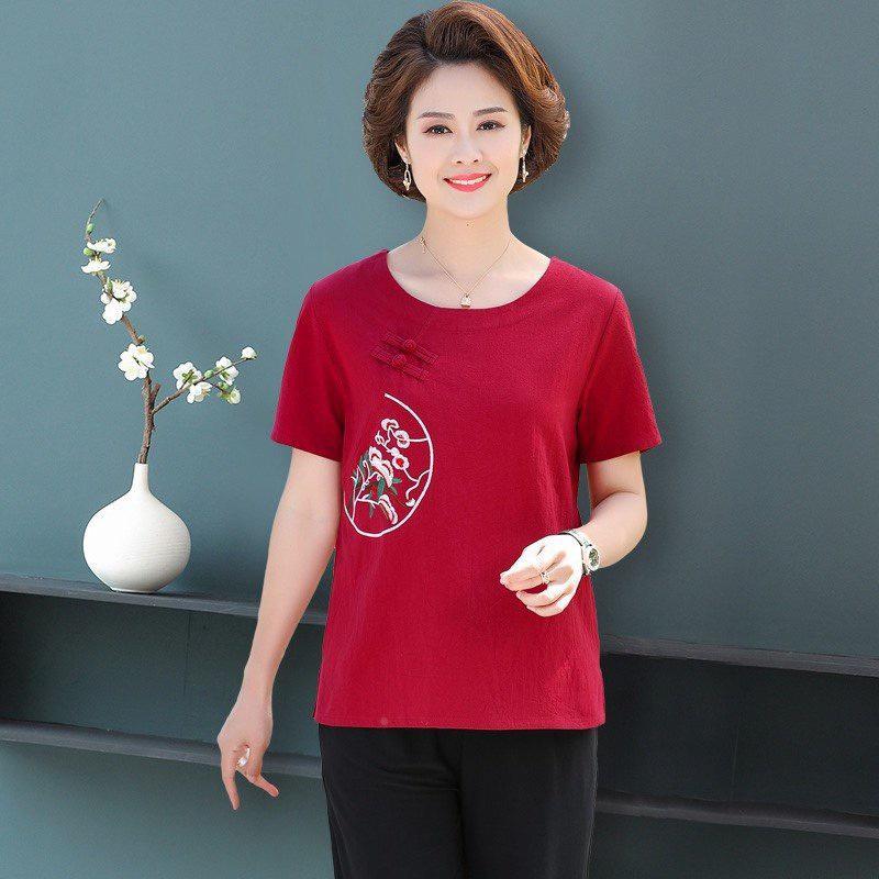 ️Áo Trung Niên️ Cho Mẹ, Mẫu Áo Trung Niên Nữ Thêu Bán Nguyệt Lụa Đũi Cổ Tròn Tay Ngắn Trẻ Trung