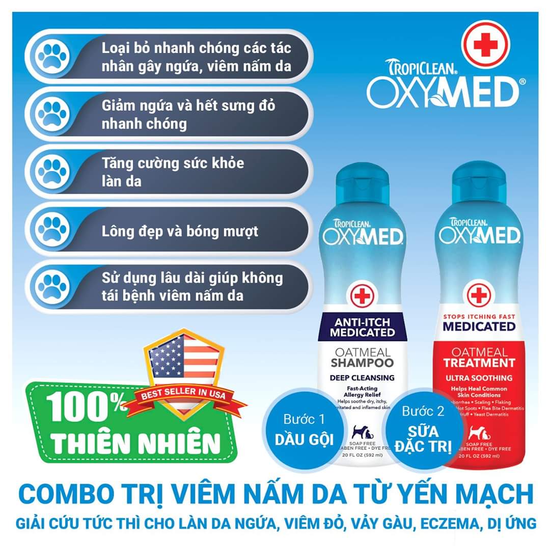 SỮA TẮM OXYMED TRỊ VIÊM DA, NẤM NGỨA, VẢY GÀU, ĐỐM ĐỎ TRÊN CHÓ (TROPICLEAN, MỸ)