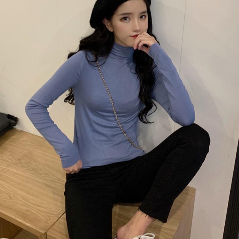 Áo thun nữ tay dài cổ cao màu trơn
