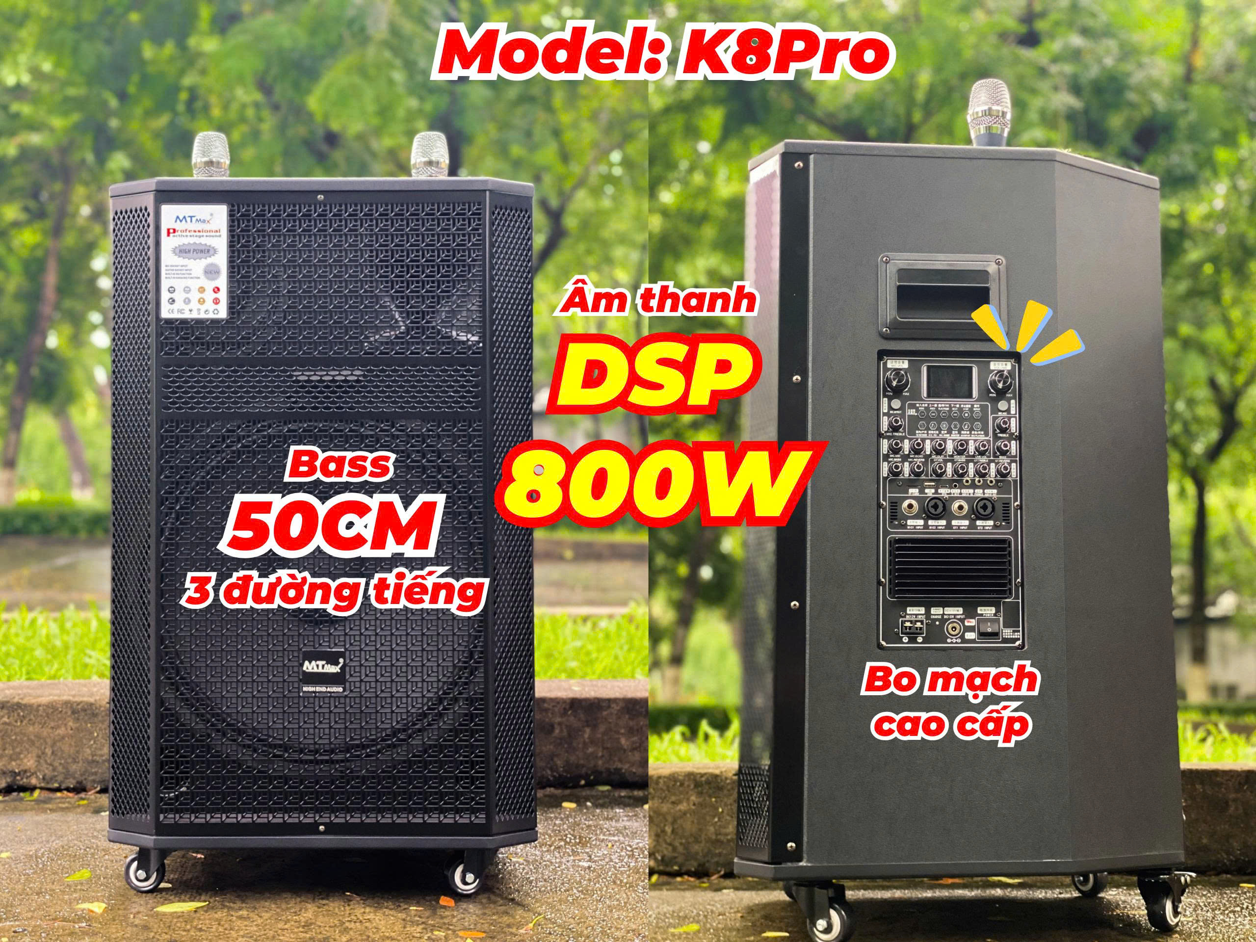 Loa Kéo MTMAX K8 Pro Chip DSP Hay Như Phòng Karaoke Chuyên Nghiệp, Dàn Karaoke Di Động, Loa 3 Đường Tiếng Bass 50cm Công Suất 800W Kèm 2 Micro UHF Cao Cấp, Nhẹ Hơi, Nâng Giọng hàng nhập khẩu