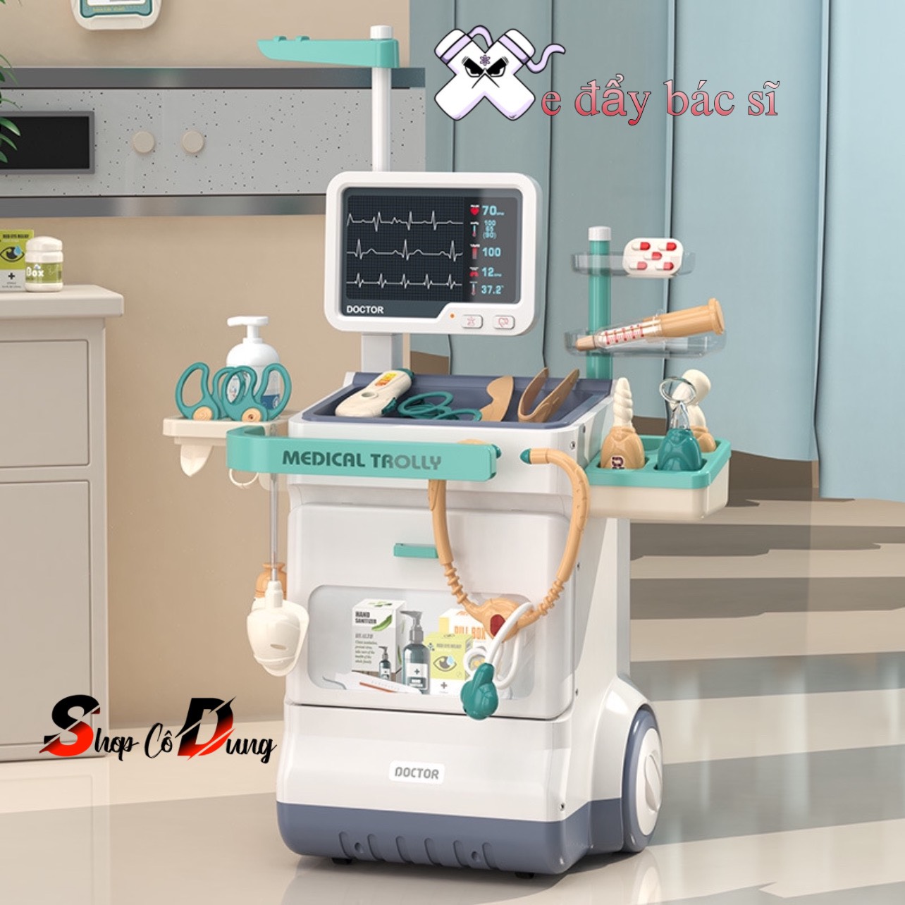 Đồ chơi đóng vai bác sĩ, đồ chơi kệ đẩy khám bệnh di động, đồ chơi bác sĩ phiên bản cao cấp cho bé cao 115cm - Quà tặng kỹ năng cho bé