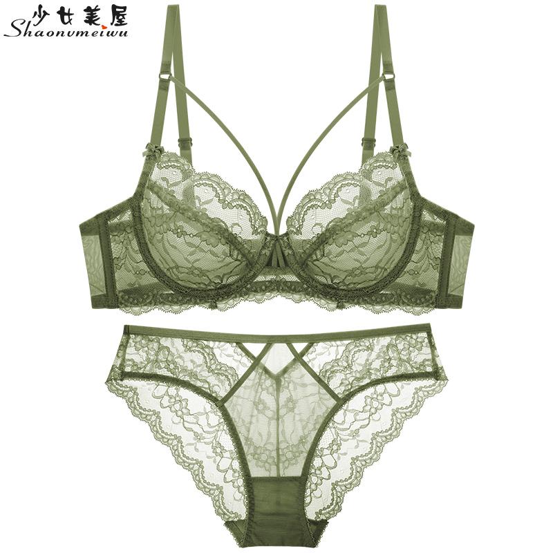 Siêu mỏng áo lót ren rỗng gợi cảm và quần lót bộ cỡ lớn C D E cúp ngực áo lót nữ trong suốt