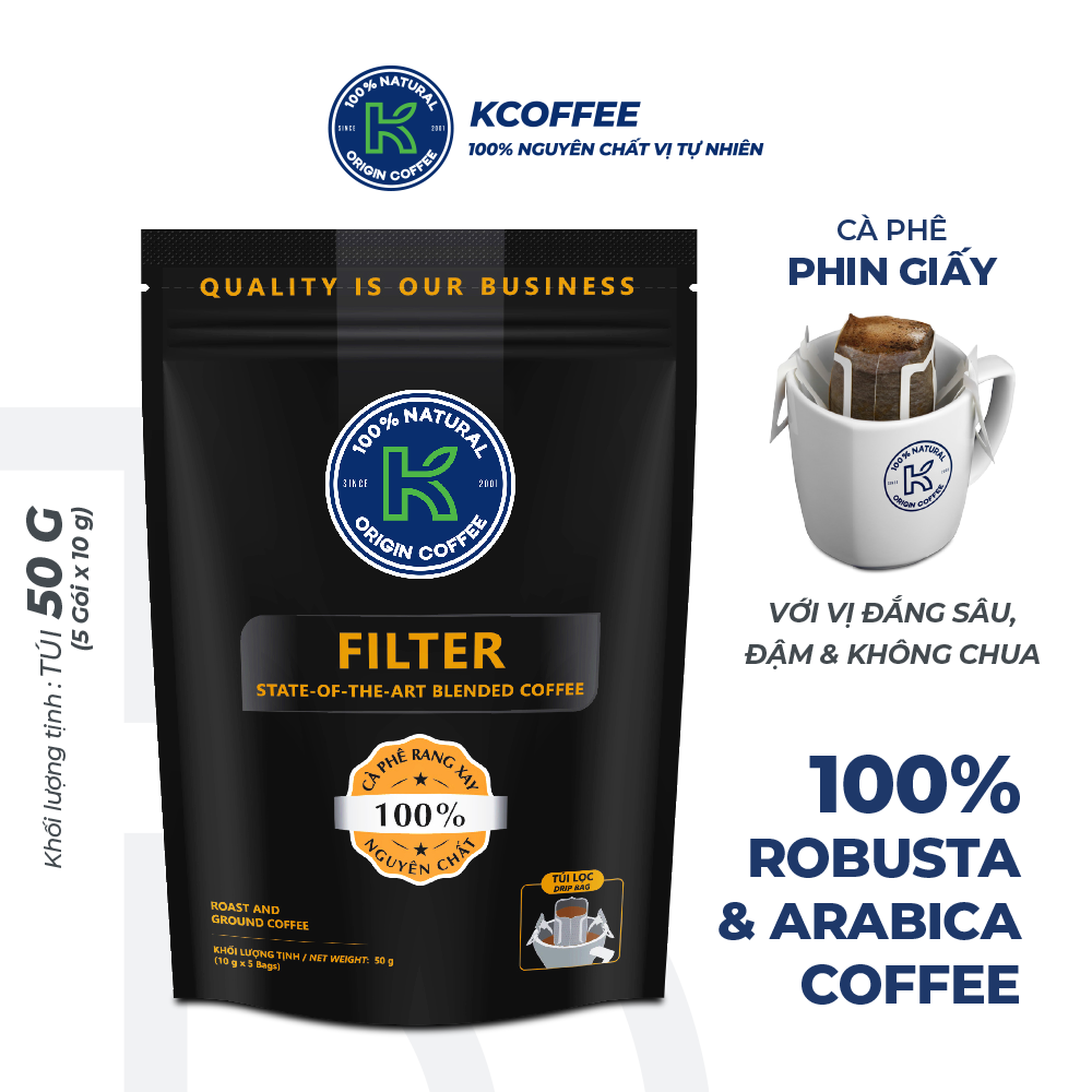 Cà phê phin giấy K Coffee 100% Robusta Arabica cà phê nguyên chất 50g (Túi 5 gói x 10g)