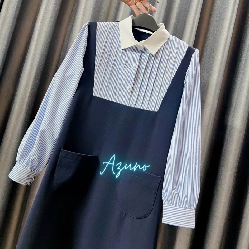 HÀNG THIẾT KẾ - Váy Đầm Bầu Công Sở Sang Chảnh Phối Cổ Sơ Mi AZ233 Chất Liệu Chéo Nhật