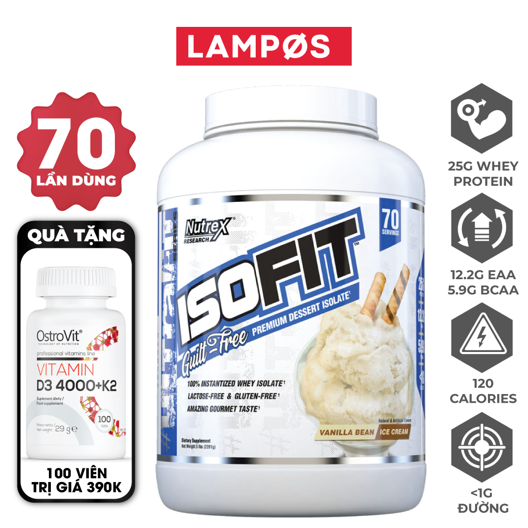 Nutrex ISOFIT, Sữa Tăng Cơ, Hỗ Trợ Đốt Mỡ, Bổ Sung 25G Whey Protein Isolate Tinh Khiết - Không Chứa Lactose, 12.2G EAA, 5.9G BCAA, Hộp 2.3KG, 70 Lần Dùng