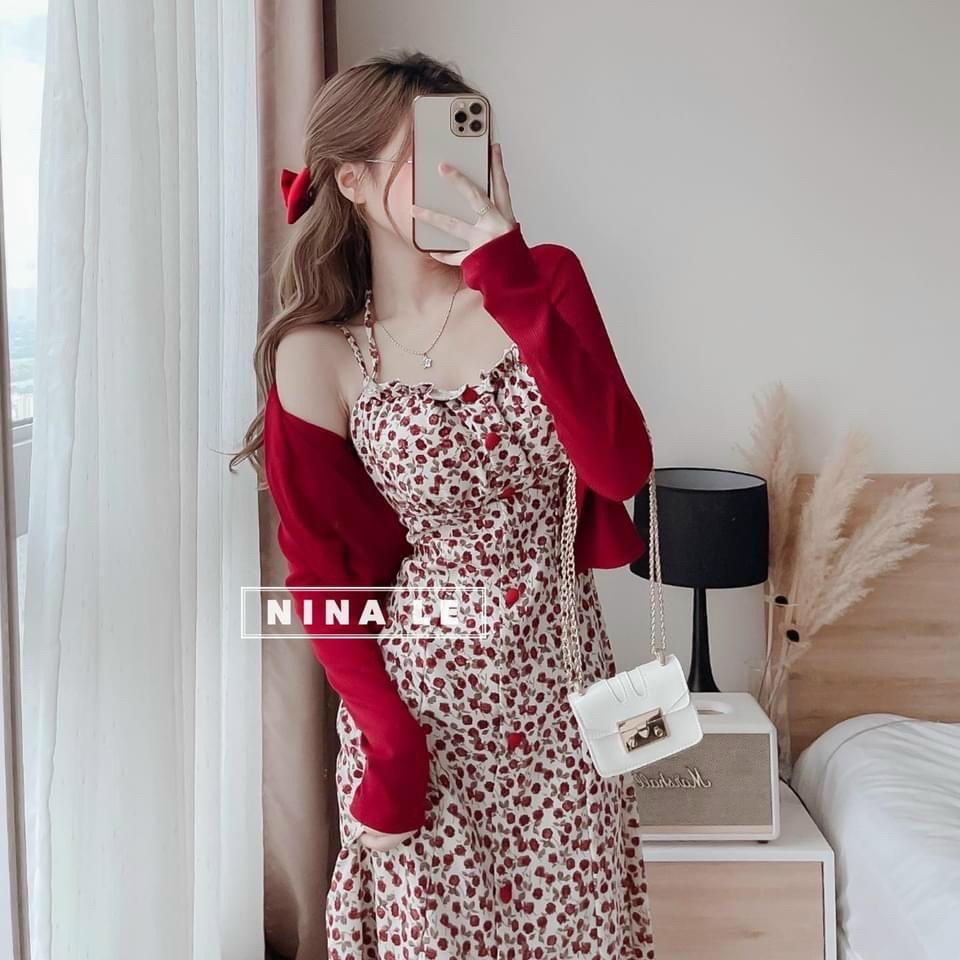 Đầm váy nữ 2 dây phối nút chất voan hoa kiểu tiểu thư kèm áo khoác ngoài tay dài xịn xò, sang chảnh cho nàng dạo phố