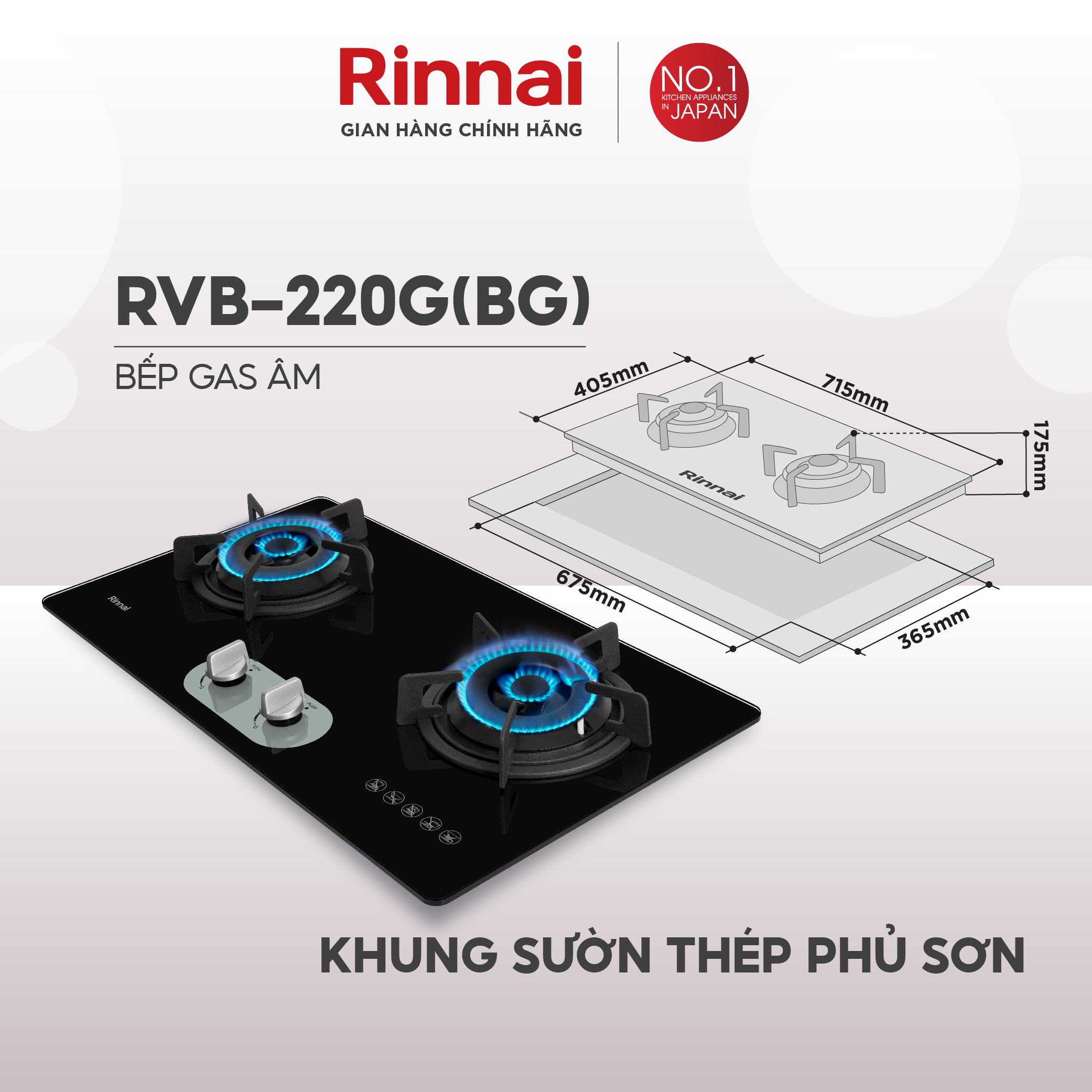 Bếp gas âm Rinnai RVB-220G mặt bếp kính kiềng bếp gang - Hàng chính hãng.