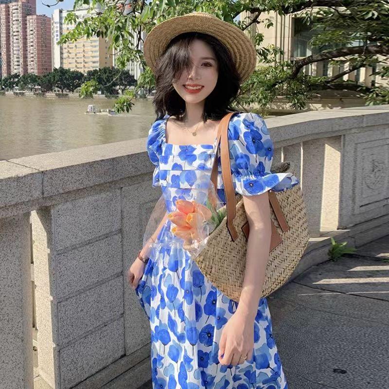 DONGSHOP Mùa hè nữ trang cao cấp Hàn Quốc phong cách Pháp mối tình đầu màu cam cuống mềm Klein màu xanh hoa đầm dài