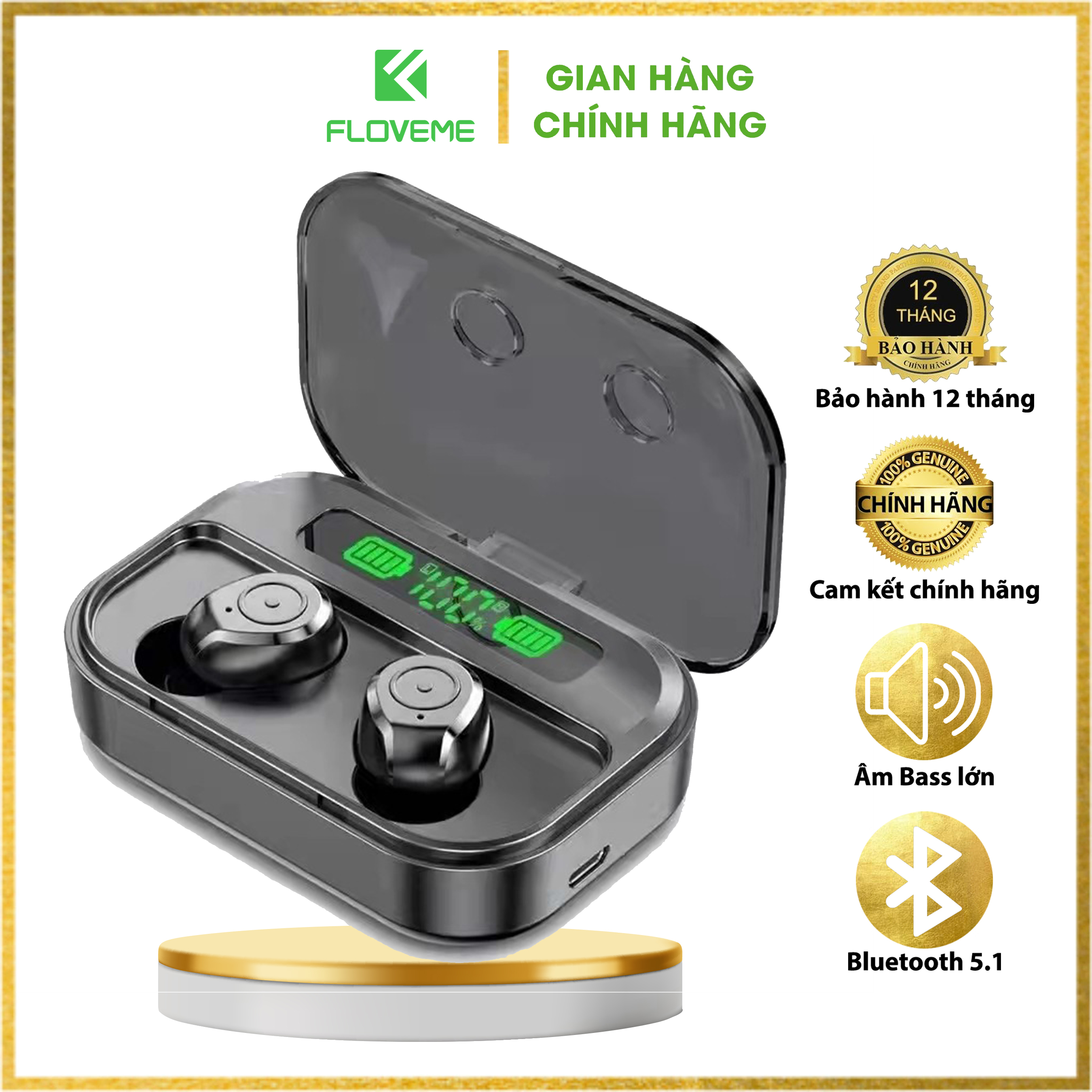 Tai nghe không dây FLOVEME TG02 TWS 5.0 Âm thanh nổi Bluetooth Tương thích nhét tai hai bên rảnh tay cho các cuộc gọi - Hiện thị pin điện tử - Hàng chính hãng