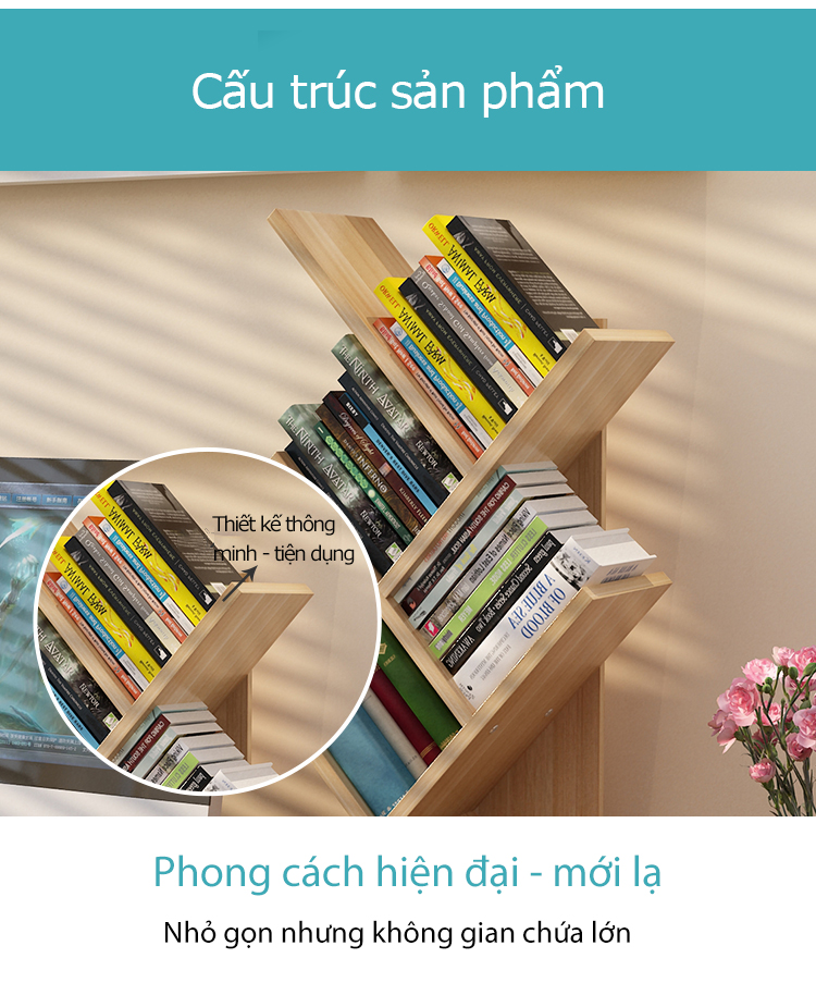 Kệ Sách - Giá Sách Gỗ Hình Xương Cá Cỡ Đại Cao 85cm Cao Cấp - Màu Vân Gỗ Sồi