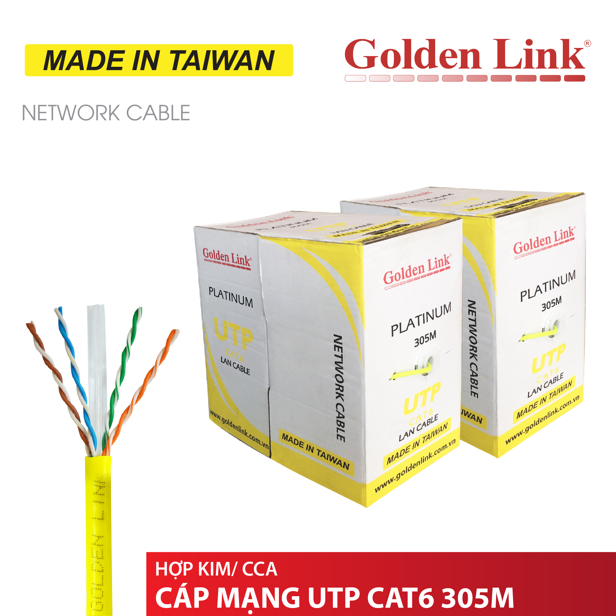 Cáp Mạng UTP CAT6 CCA Golden Link - 250MHz - 3m - 305m - Hàng chính hãng