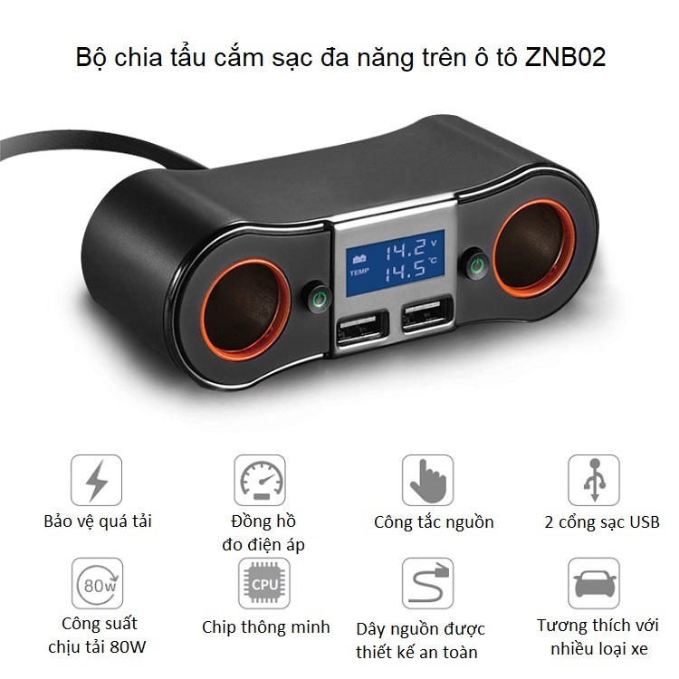 Bộ chia tẩu sạc đa năng cao cấp trên ô tô, xe hơi -