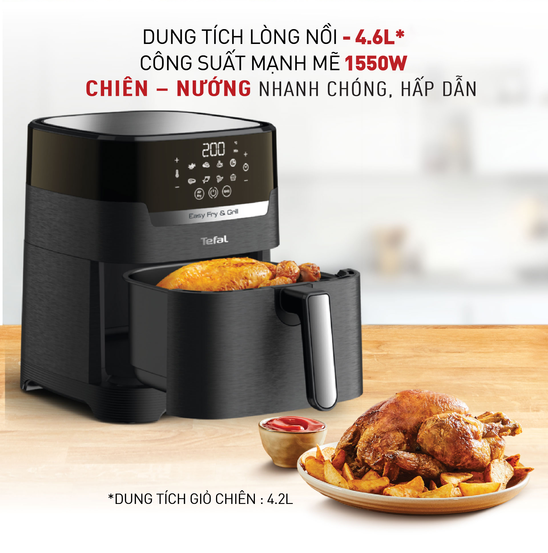 Nồi chiên, nướng không dầu điện tử Tefal 2 trong 1 EY505815, Dung tích lòng nồi 4.6L / sử dụng 4.2L /1.2kg- Hàng chính hãng