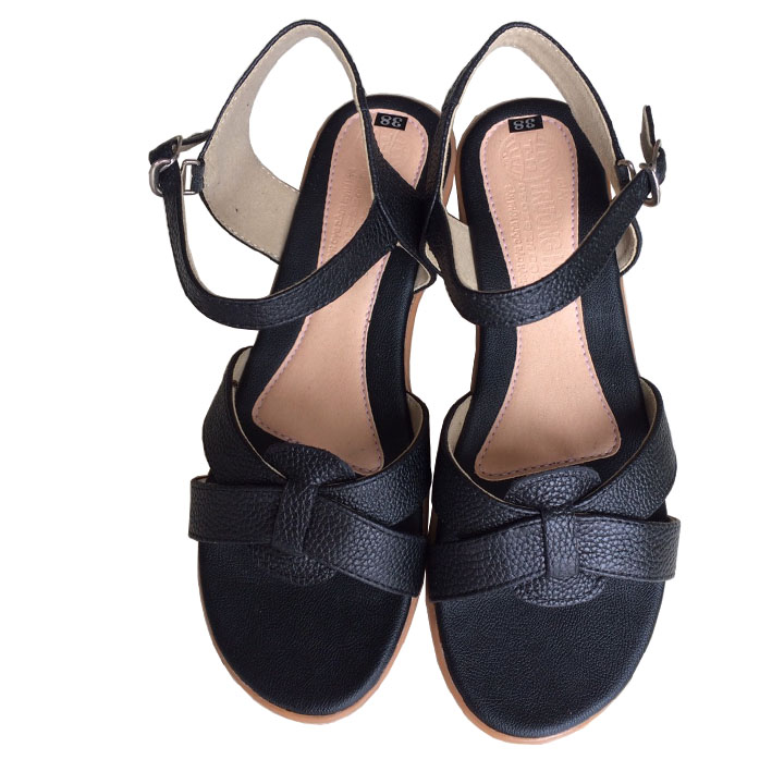 Giày sandal nữ đê xuồng 5cm da bò thật màu đen Trường Hải SDNTH0113