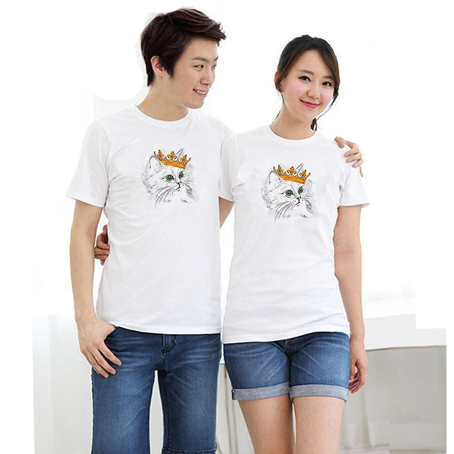 Áo thun cặp đôi in hình mèo đội vương niệm form rộng phong cách hàn quốc