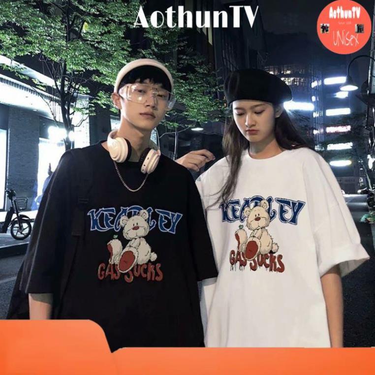 Áo thun tay lỡ, áo phông form rộng chất cotton mát mịn thấm hút mồ hôi in hình gấu