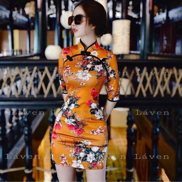 Sườn xám tay lỡ hoạ tiết bông xinh lung linh
